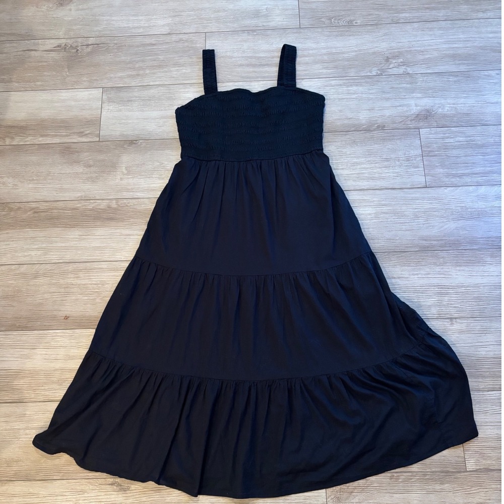 Lea Black 100% Cotton Smocked Tiered Maxi Dress Plus Size 1X Sleeveless  Dress